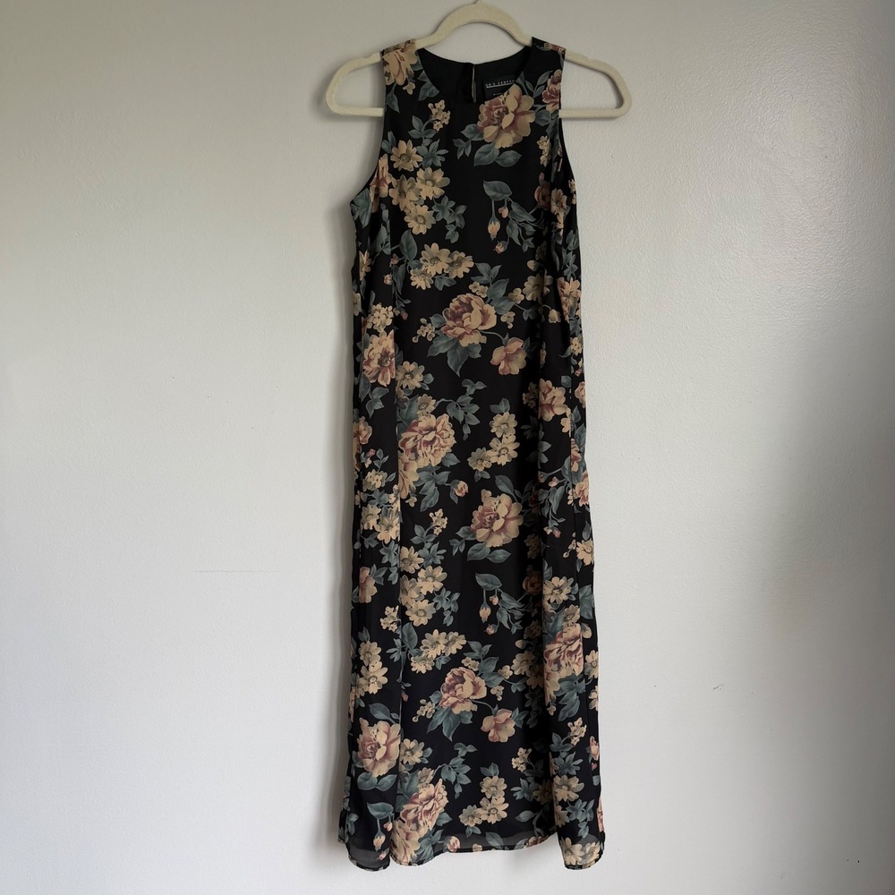 Vintage Dark Academia Floral Maxi Dress Black Sleeveless‎ Sz 5/6 Modest Church